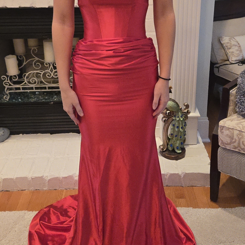 Portia and Scarlett Strapless Red Prom Dress - Picture 5 of 6